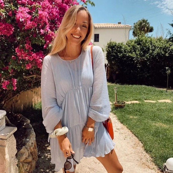 Zara Blue Pleated Long Sleeve Mini Dress - Picture 2 of 8